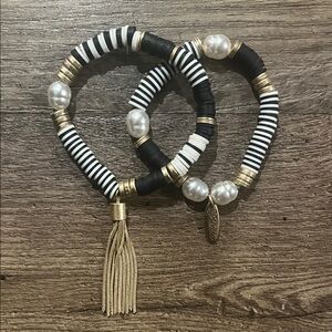 Black and White Pearl Beaded Bracelet Set with Gold Accents